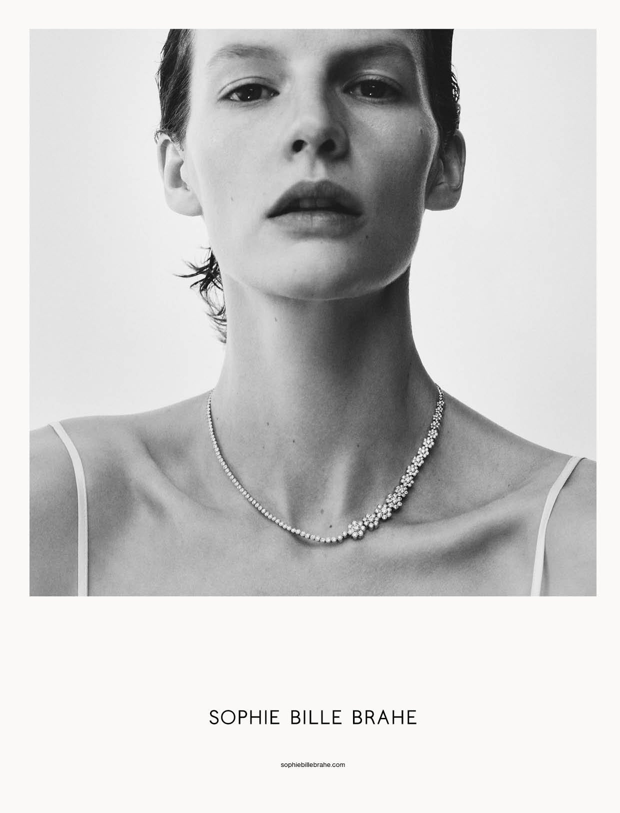 Black and white Sophie Bille Brahe ad, model wearing Fleur de Tennis