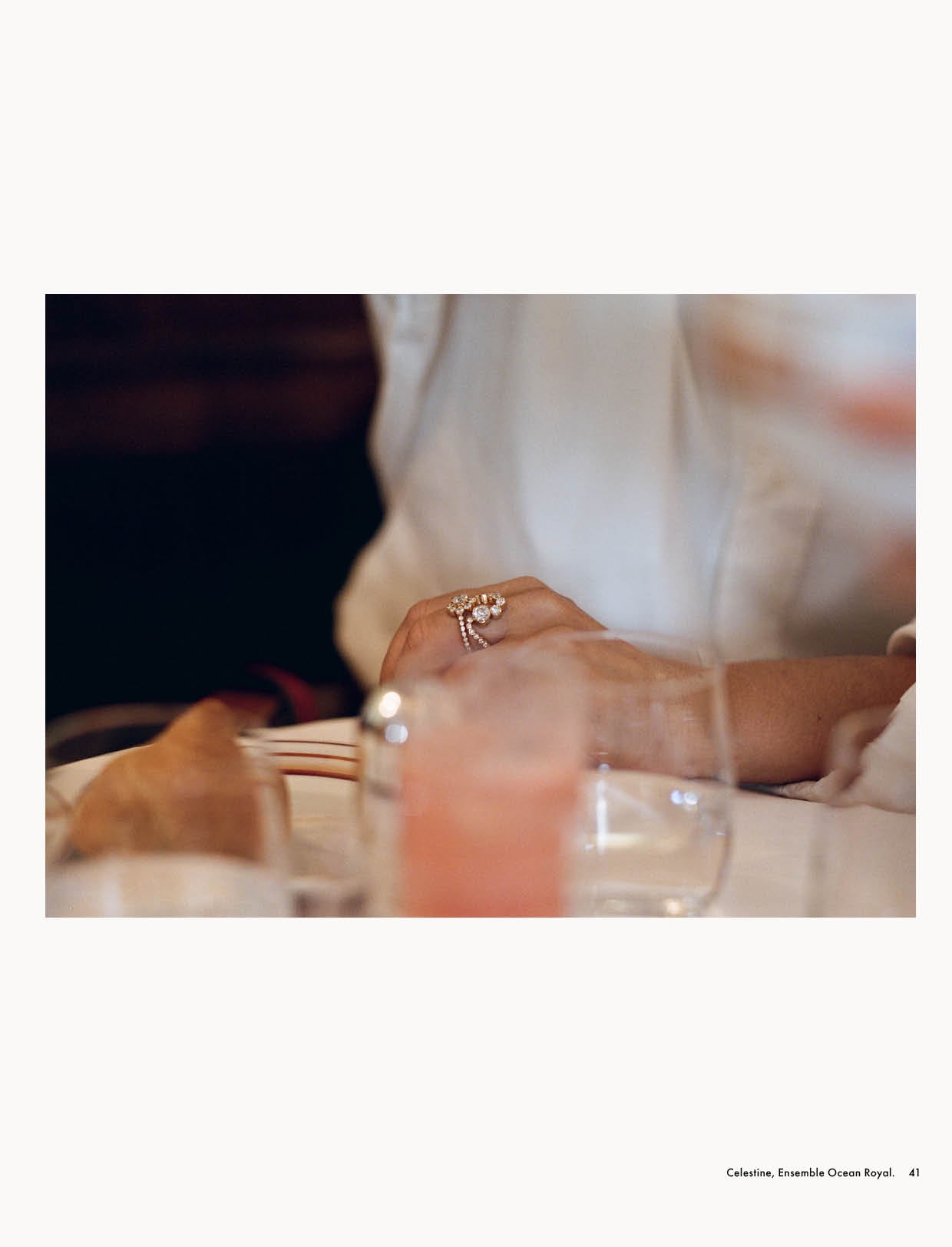 Clara Cullen wearing Celestine and Ensemble Ocean Royale diamond rings.
